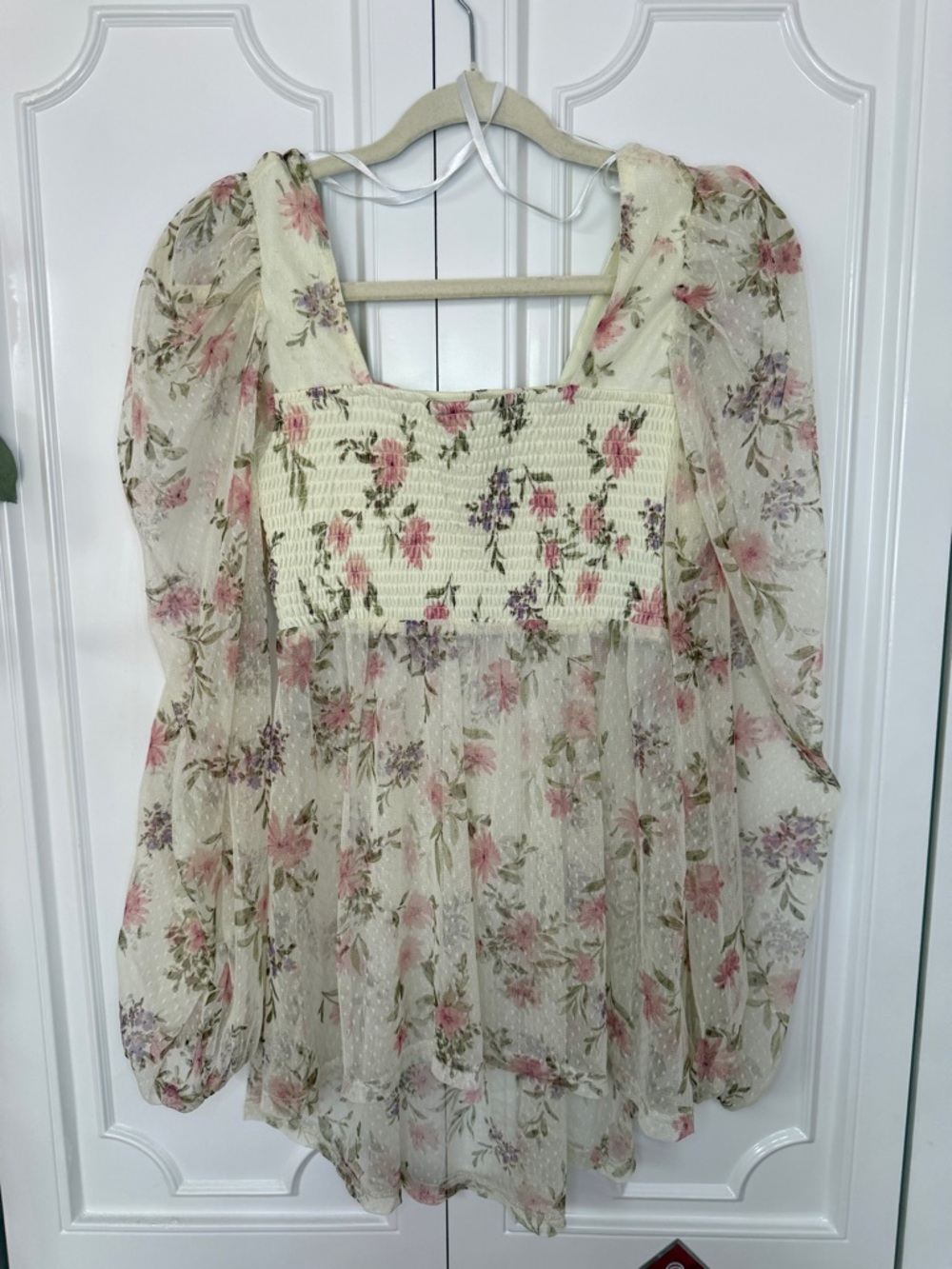 Cream Floral Smocked Square-Neck Tunic with Puff Sleeves